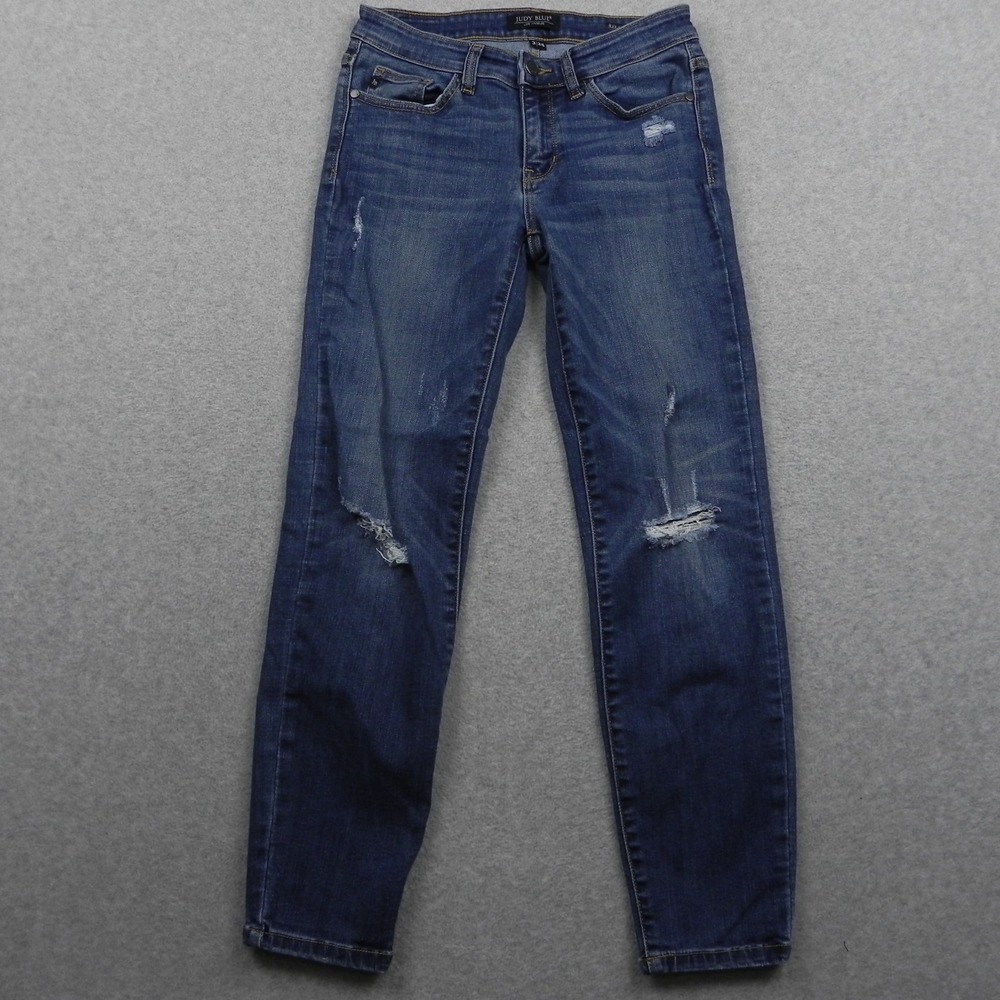 Judy Blue Jeans Womens 3/26 Relaxed Fit Ankle Stretch Flex Distressed Denim Blue